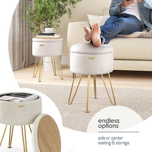 Round Ottoman with Storage, Textured Velvet Storage Ottoman, Foot Stool Ottomans, Makeup Vanity Stool, Small Ottomans Foot Rest, Modern Vanity Stools for Living Room and Bedroom, Cream