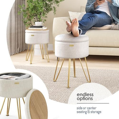 Round Ottoman with Storage, Textured Velvet Storage Ottoman, Foot Stool Ottomans, Makeup Vanity Stool, Small Ottomans Foot Rest, Modern Vanity Stools for Living Room and Bedroom, Cream