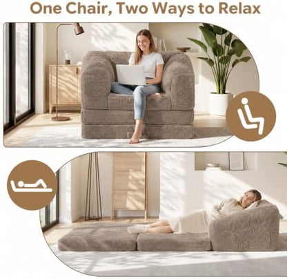 Boneless Chair Futon Sofa Bed,Convertible Sleeper Chair with Pull Out Handle,Fold Out Chair Bed Small Boneless Couch for Living Room, Guest Room,Bedroom,Brown