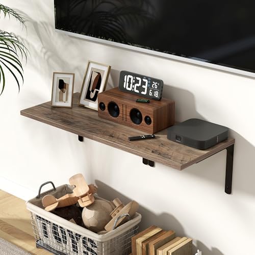 Floating Shelves for Wall, 12 Inch Deep Floating Shelves Set of 2, Wall Mounted Shelf with Metal Brackets, Rustic Wood Wide Shelf for Bathroom, Kitchen and Living Room, Grey, 16W x 12D