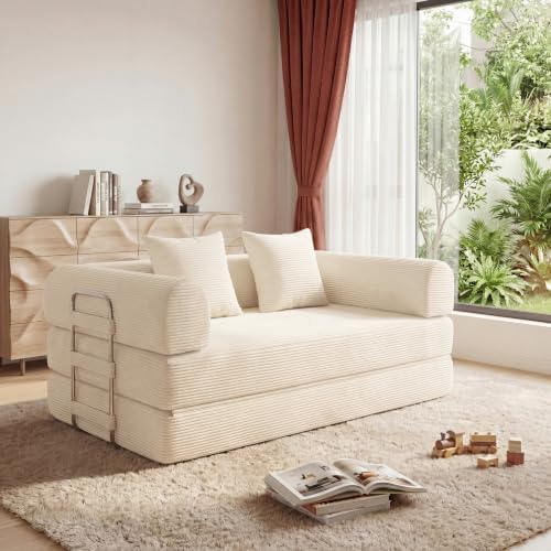 Futon Sofa Bed Modular Loveseat Sleeper Folding Pull Out Couch with Pillows, No Assembly Required Boneless Couch for Living Room Bedroom Guest Room (Beige, 53.15" Loveseat Sofa)