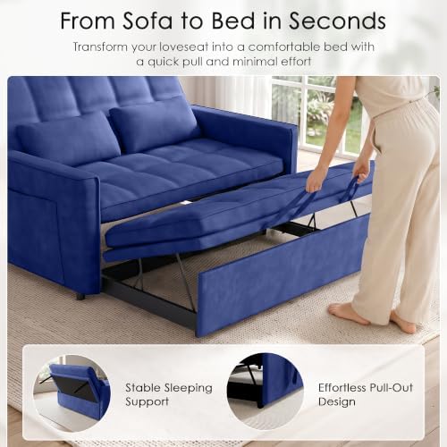 54'' Sleeper Sofa Bed, Convertible Pull Out Couch with Adjustable Backrest, Side Pockets & 2 Lumbar Pillows, Velvet Fabric Loveseat for Living Room, Apartment & Small Spaces (Blue)