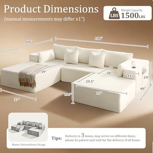 108" Cloud Sectional Couch, Comfort U Shaped Boneless Couch for Living Room, Extra Deep Seats No Assembly, Minimalist Modular Sofa, Corduroy (Cream, 2 Seater+Right Facing Chaise+Ottoman)