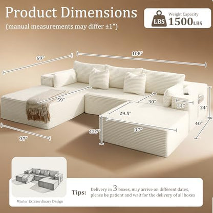 108" Cloud Sectional Couch, Comfort U Shaped Boneless Couch for Living Room, Extra Deep Seats No Assembly, Minimalist Modular Sofa, Corduroy (Cream, 2 Seater+Right Facing Chaise+Ottoman)