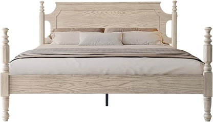 Solid Wood Queen Size Platform Bed Frame with Headboard & Footboard, Metal Legs, 12 Sturdy Slats, Easy Assembly, Anti-Slip & Noise-Free, No Box Spring Needed, Queen Size, Driftwood Gray Oak, ROQ-33
