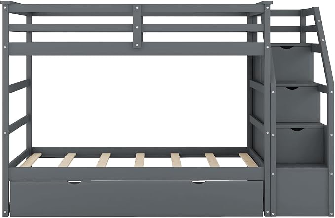 MERITLINE Twin Over Twin Bunk Beds with Trundle and Storage Box, Solid Wood Bunk Bed with Stairs and Storage Case for Teens Adults (Gray + Solid Wood)