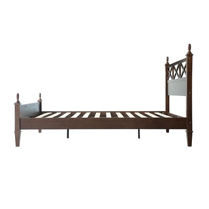 Queen Size Bed Frame with Headboard & Footboard, Solid Wood Platform Bed, Central Metal Legs, 12 Sturdy Slatted Base, Noise-Free & Anti-Slip, No Box Spring Needed, Dark Roast Oak Finish RIQ-32