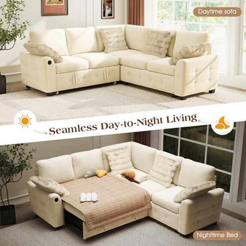 Ihanherry L-Shaped Sectional Sofa Bed with Storage, 5-Seater Convertible Pull Out Sleeper Sofa with USB Charging Ports, 4 Pillows & Wide Armrests, Chenille Fabric for Living Room, Apartment（Beige）