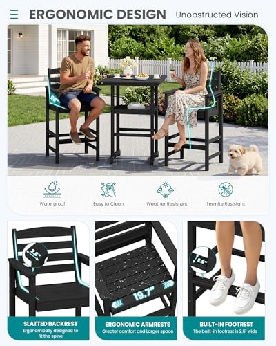 SERWALL 5 Pcs HDPE Bar Height Chairs and Double Layer Pub Table Set, Black