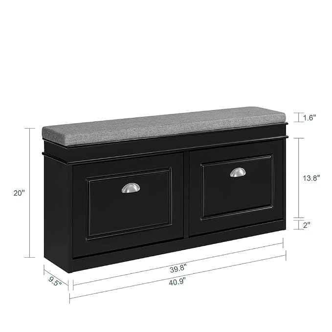 SoBuy Black Storage Shoe Bench with 2 Flip Drawers, Hidden Shoe Bench, Free Standing Shoe Rack, Shoe Cabinet, Hallway Storage Bench with Seat Cushion FSR64-SCH