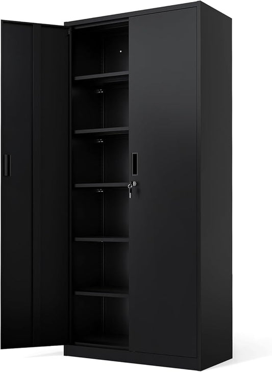 VINGLI Metal Garage Storage Cabinet with 2 Doors and 5 Adjustable Shelves, 71" Tall Steel Lockable File Cabinet, Locking Tool Cabinets for Home Office Garage Gym School (Black)