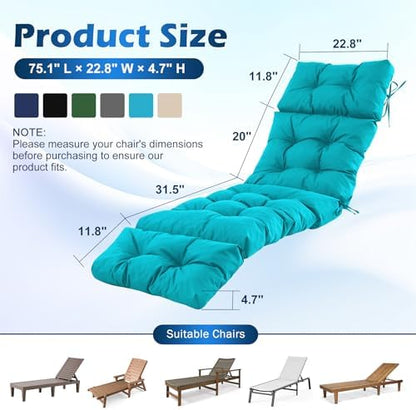 Chaise Lounge Cushions Outdoor, Waterproof & Fade Resistant Patio Lounge Chair Cushions for Outdoor Furniture, Chaise Cushion with Ties for Patio, Pool, Lawn and Beach, 75.1x22.8x4.7 Inch, Teal