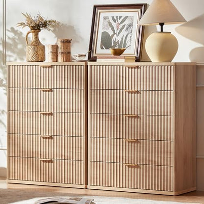 LEYAOYAO Fluted 5 Drawers Dresser for Bedroom Set of 2, 41" Tall Modern Chest of Drawers with Metal Handle, Curved Profile Design,Natural Wood Drawer Organizer for Bedroom, Living Room, Hallway