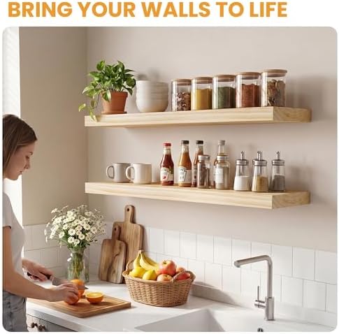 Wood Floating Shelves Set of 2, Rustic Pine Wood Floating Shelves for Wall Mounting, Wide Wall Shelf for Home Decor and Storage, 20" W x 7" D, Natural Unfinished, DIY Stain
