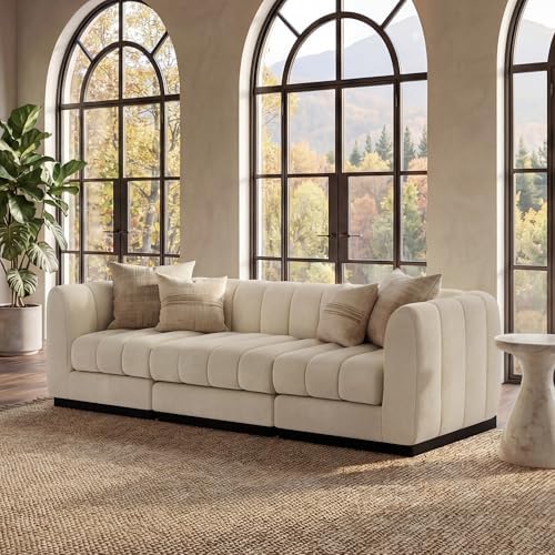 Morden Fort 94'' Modern Sofa, 3 Seater Modular Sectional Couch, Deep Seat Sofas, Minimalist Style Comfy Couches for Living Room Apartment, Chenille, Beige