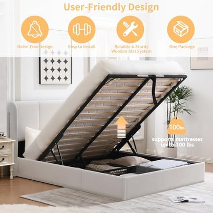 VELOCAVA Full Lift Up Storage Bed Frame, Velvet-Look Upholstered Bed with Modern Wingback Headboard, Gas Lift Mechanism, Space Saving Design, No Box Spring Needed, White