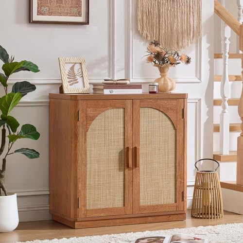 LEYAOYAO Rattan Sideboard Buffet Cabinet with Storage, 63" Coffee Bar Cabinet with 4 Arch Doors & Adjustable Shelves, Wood Console Cabinet, Boho Credenza for Living Room, Kitchen, Brown