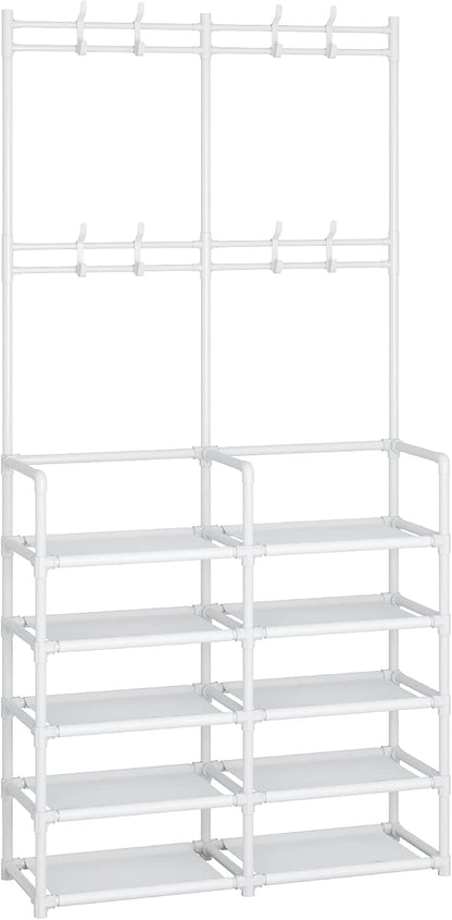 Laiensia 5-Tier Entryway Coat Rack, Coat and Shoe Rack, Entryway Bench Storage Organizer with 8 Hooks for Bedroom, Hallway, Office, White