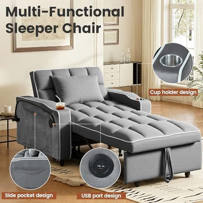 5 in 1 Convertible Sleeper Chair, Sofa Bed with Holder, Dark Gray