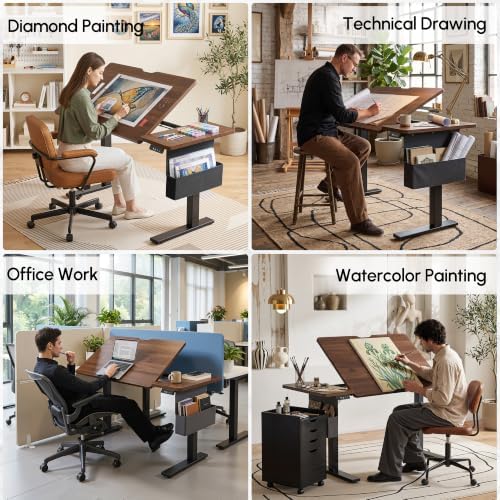 TIQLAB Electric Drafting Table 60° Tilt Drawing Desk With Storage, 43*23.6"