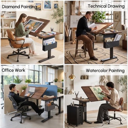 TIQLAB Electric Drafting Table 60° Tilt Drawing Desk With Storage, 43*23.6"