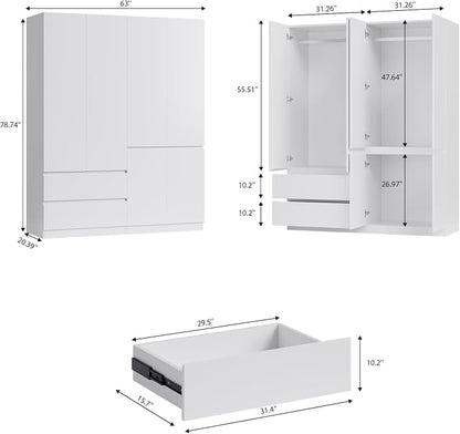 Mekminop Armoire Wardrobe Closet with Drawers and Shelves, 4 Door 2 Drawers White Bedroom Armoires, Modern Wooden Wardrobe with Hanging Rod, 20.39" D x 63" W x 78.74" H