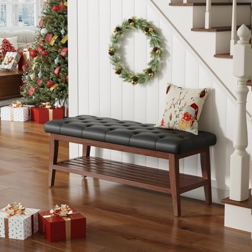LEILISI Entryway Bench with Storage, Solid Wood Bed Bench (Black, 43.3'')