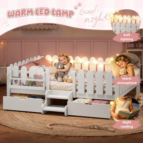 Bellemave Queen Size Platform Bed with Storage Drawers & Bookshelf for Boys Girls, Kids Queen Bed Frame with LED Lights & Stairs for Children's Room, White