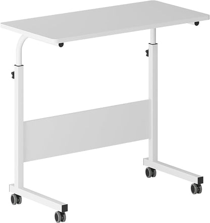 DlandHome Rolling Desk Adjustable Standing Desk, Mobile Side Table 31.4 Inches w/Wheels Adjustable C Table Movable Portable Laptop Computer Stand for Bed Sofa,White