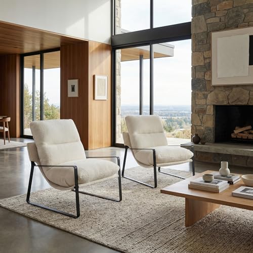 LukeAlon Set of 2 Modern Sherpa Accent Armchair, White