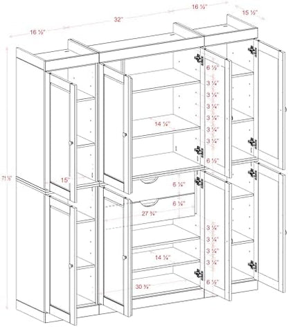 Palace Imports Solid Wood Pantry Storage - 71.5" Tall x 65" W - Utility Cabinet w/ 8 Shaker Doors, 2 Drawers, 12 Adjustable Shelves - Kitchen Cupboard - Black, 100% Eco-Friendly Wood, Made in Brazil