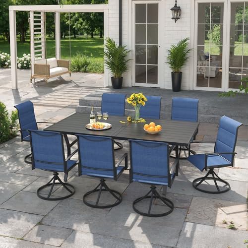 9PCS Outdoor Dining Set, 70.9" Rectangle Table, 8 Swivel Chairs, Blue