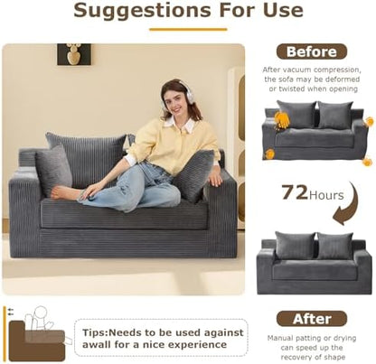 Convertible Sofa Bed, 3 in 1 Loveseat Folding Couch Bed Foldable - Boneless Couch & Floor Futon, Corduroy Pull Out Sofa Bed with 4 Pillows for Living Room, Grey