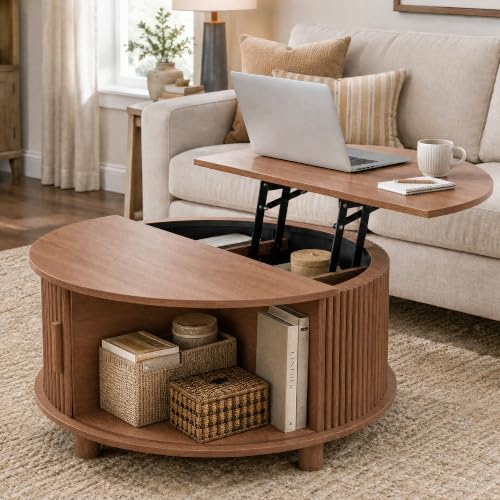 Round Lift Top Coffee Table with Storage for Living Room, Walnut