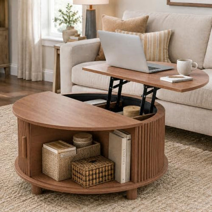 Round Lift Top Coffee Table with Storage for Living Room, Walnut