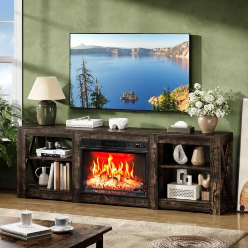 VINGLI 70" Fireplace TV Stand for up to 80 inch TVs, Dark Rustic Oak