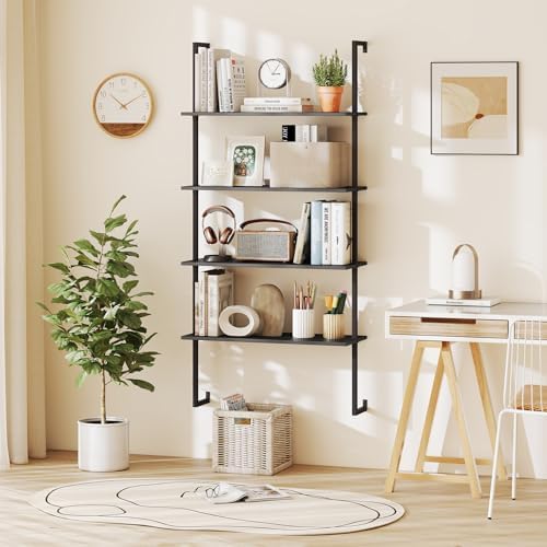 Tangkula 4-Tier Wall Mounted Bookshelf, Wooden Ladder Shelf, Black