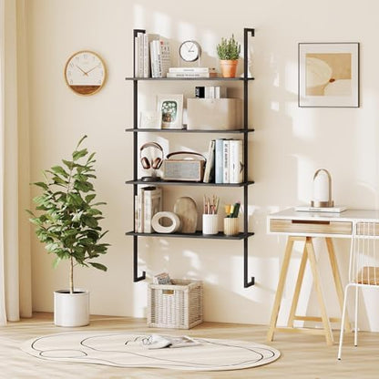 Tangkula 4-Tier Wall Mounted Bookshelf, Wooden Ladder Shelf, Black