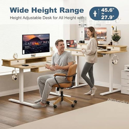 Grandder Electric Standing Desk with Four Drawers, Sit to Stand Up Height Adjustable Desk with Storage Shelf for Home Office, 47 * 28 Inch, Study, Ergonomic Adjustable Computer Desk, Oak