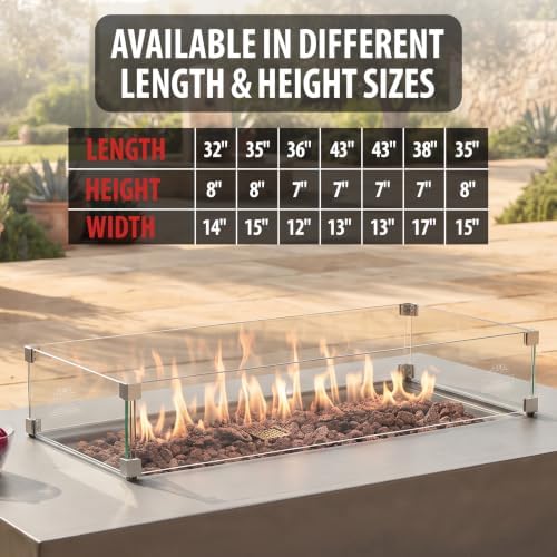 AMS 43” SS Rectangular Clear Tempered Glass Wind Guard Fire Pit Table