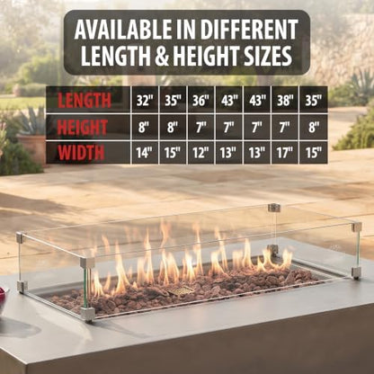 AMS 43” SS Rectangular Clear Tempered Glass Wind Guard Fire Pit Table