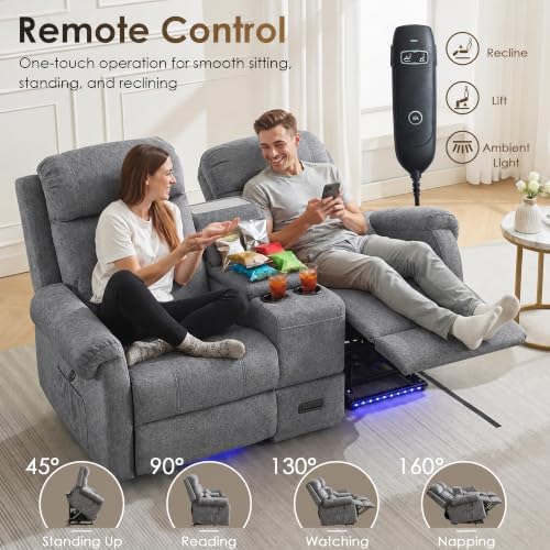 SAMERY Loveseat Recliner Sofa, Power Lift Recliner for Elderly with Massage and Heat, Electric Reclining Loveseat Sofa Couch with Console, Cup Holder, Outlets, USB, Drawer (Light Gray, Lift Loveseat)