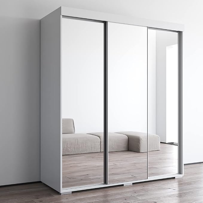 Meble Furniture Aria 3D Wardrobe with All Mirror Doors — Spacious Storage with Multiple Shelves — Modern Bedroom Closet, 82 H x 71 W x 26 D in — White