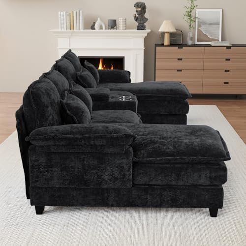 OUYESSIR 132" U Shaped Cloud Sectional Couch with USB Port, Dark Black