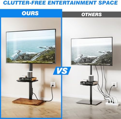 Rfiver Floor TV Stand with Power Outlet for 32-65 inch TVs up to 88 lbs, Swivel TV Mount Stand with Height Adjustment and Oak Wood Base for Bedroom, Office, Corner, Max VESA 400x400mm
