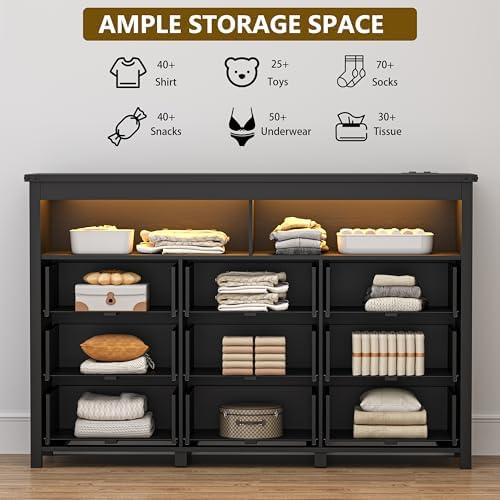 Dresser for Bedroom with 9 Drawers, LED Lights, Power Outlet, Black
