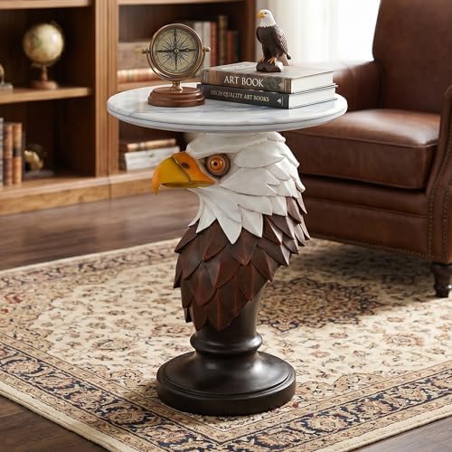 Large American Eagle Pedestal Table - 25.59" Tall Majestic Bald Eagle End Table with Wide 19.69" Faux Marble Top, Premium Resin Statue Decor or Office Centerpiece, 26.46 LBS