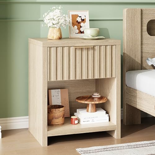 VINGLI Fluted Nightstand, 20" W Mid Century Modern Nightstand for Bedroom, Bedside Table, End Tables Bedroom, Wood Side Table, Oak