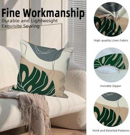 Abstract Leaves Throw Pillow Covers 16''x16'' Set of 4, Geometric Pattern Cushion Covers Minimalist Tropical Palm Trees Pillowcases for Couch Sofa Bedroom Farmhouse Livingroom Garden Patio