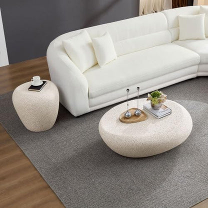 Modern Side Table, Faux Stone Round End Table, Accent Irregular Bedside Table for Bedroom, Living Room, Home Office, No Need Assembly, Cream White
